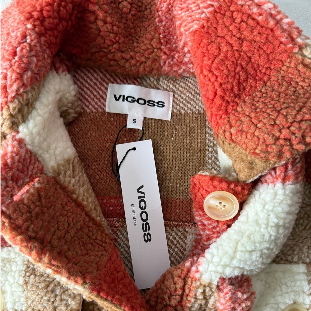 New Vigoss Faux Shearling Oversize Plaid Shirt Jacket in Rust Women's Size S - Picture 5 of 7